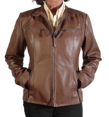 Ladies Tan Leather Hip Length Biker Jacket - SL10011756